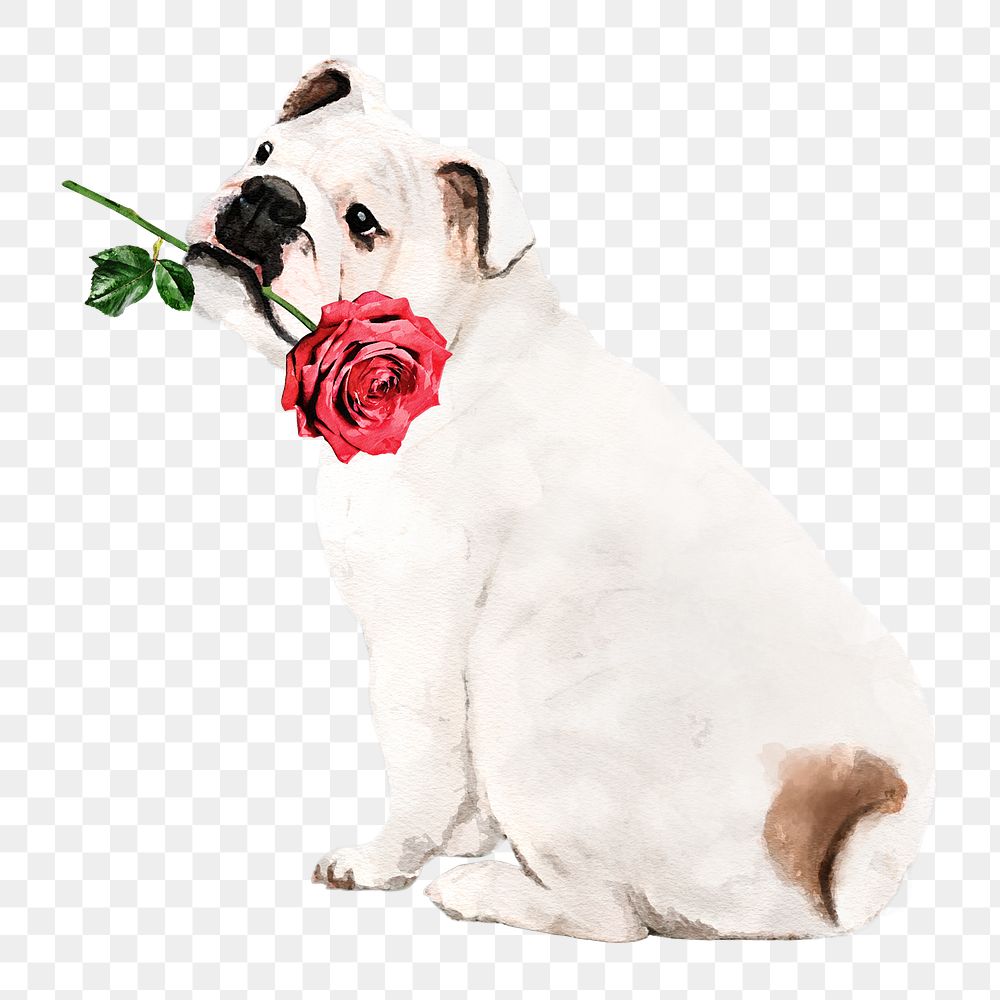 English bulldog png illustration on transparent background in watercolor with rose in his mouth