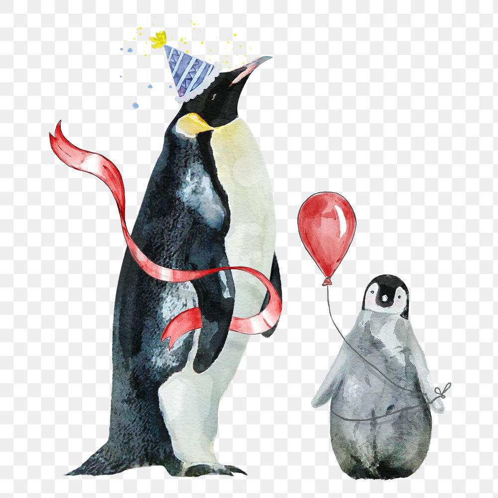 Penguins png illustration on transparent background with birthday party hat & balloon
