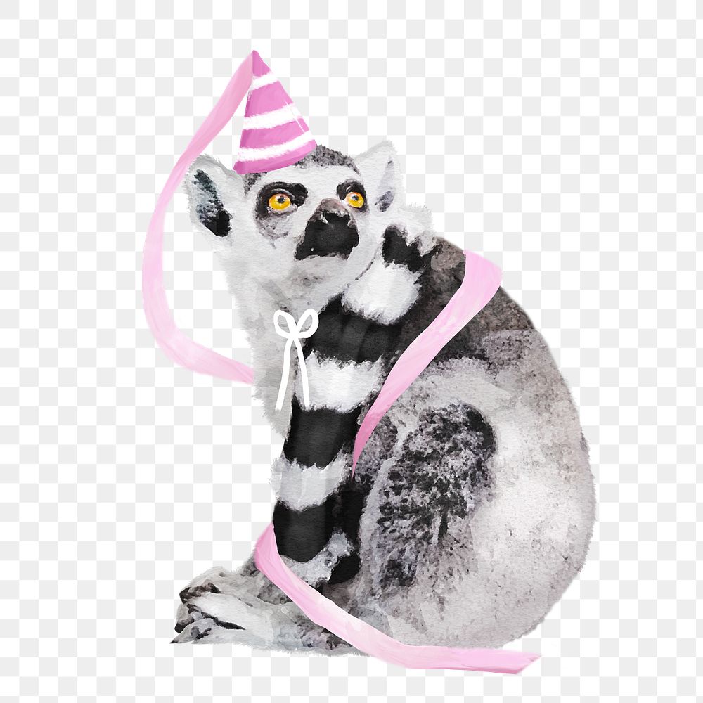 Lemur png illustration on transparent background in watercolor with birthday party hat & ribbon