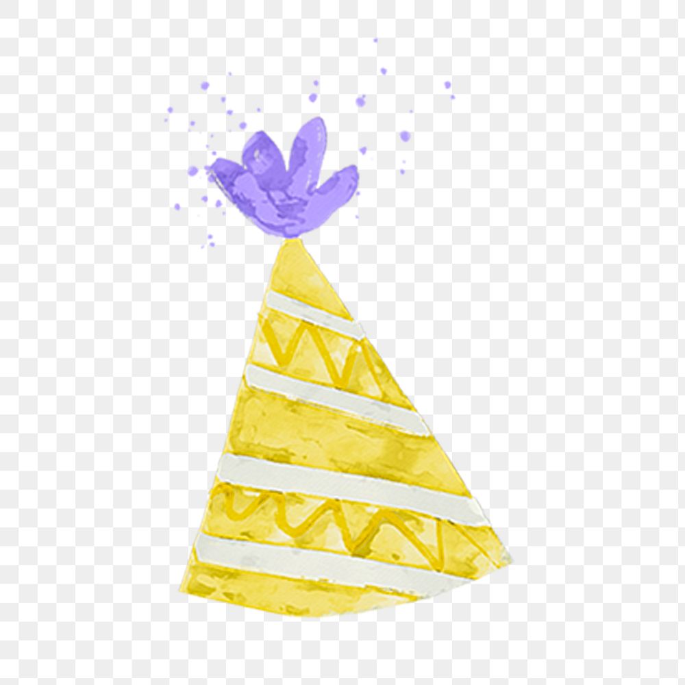 Yellow party hat png illustration on transparent background in watercolor