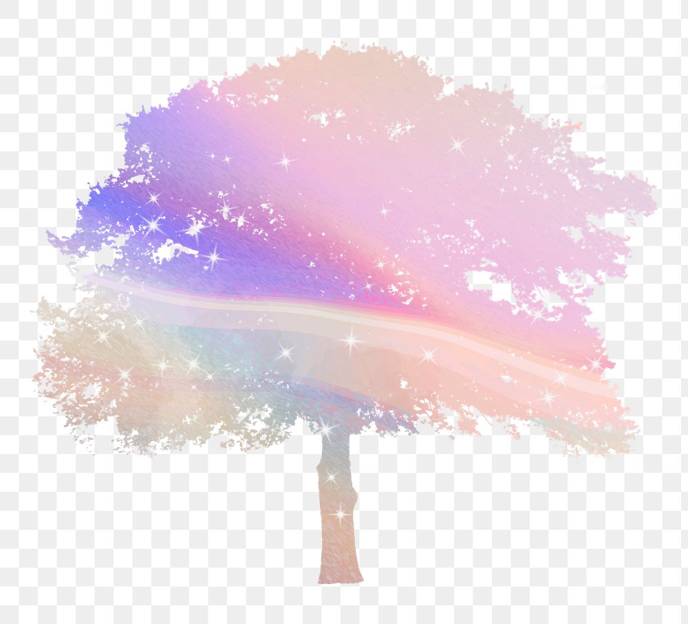 Aesthetic tree png holographic sticker, design on transparent background