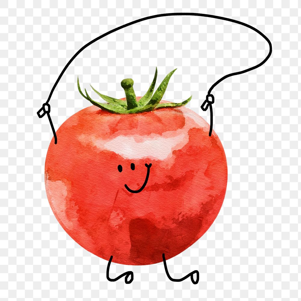 Smiling tomato png clipart, cute vegetable rope jumping drawing on transparent background