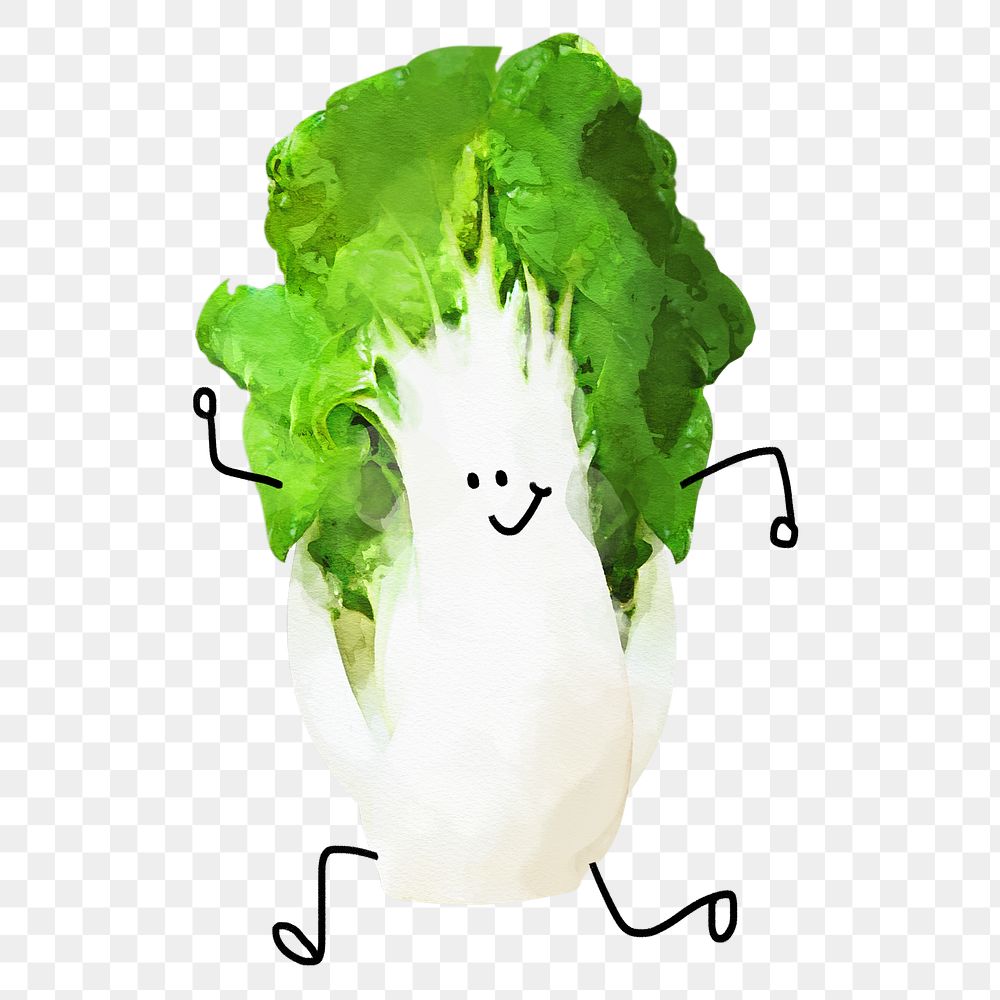 Smiling Chinese cabbage png clipart, cute vegetable running illustration on transparent background