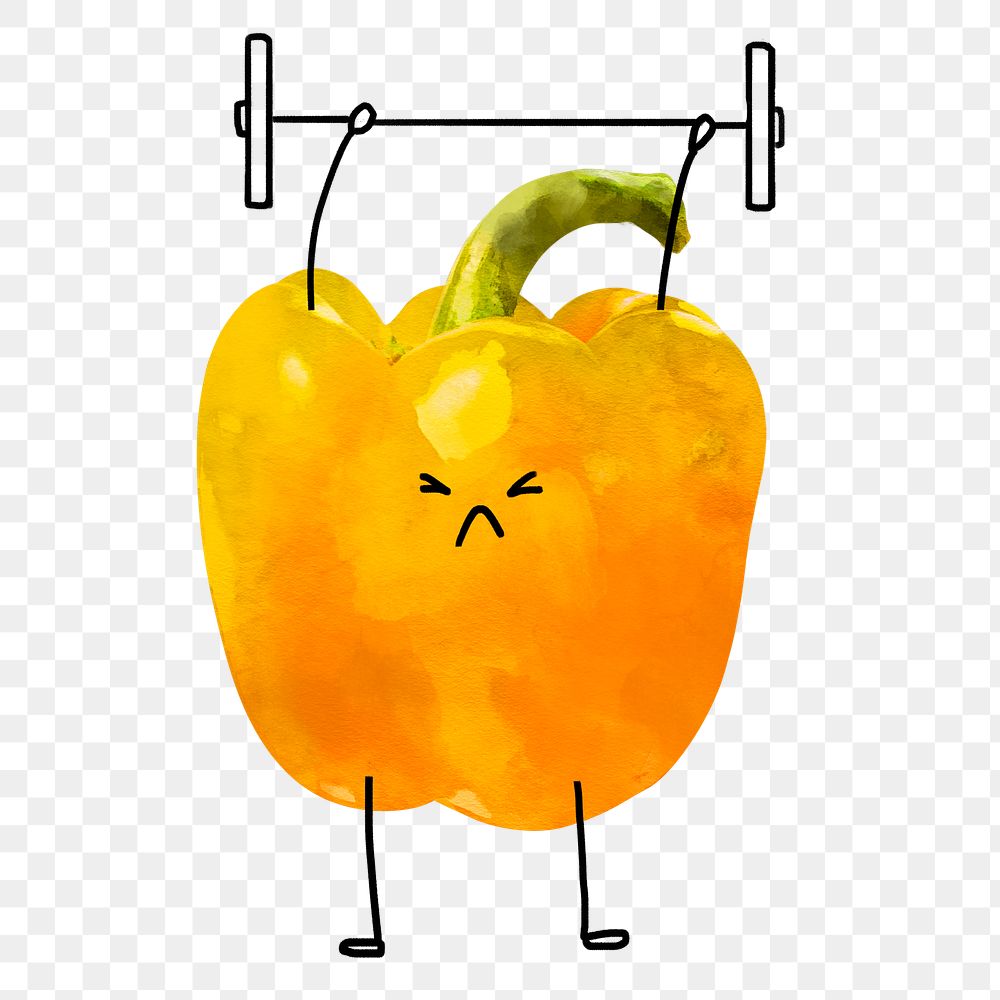 Cute bell pepper png cartoon clipart, weight lifting vegetable illustration