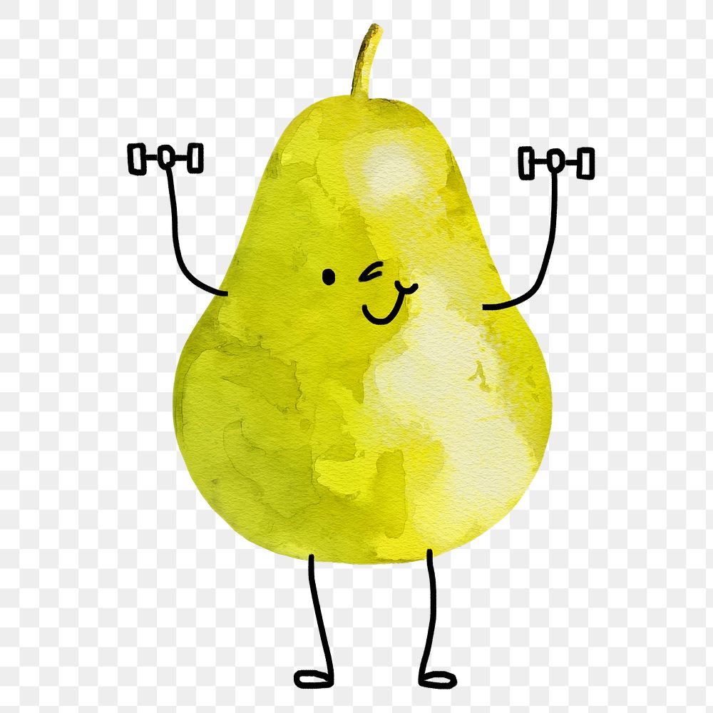 Cute smiling pear png clipart, fruit lifting dumbbells drawing on transparent background