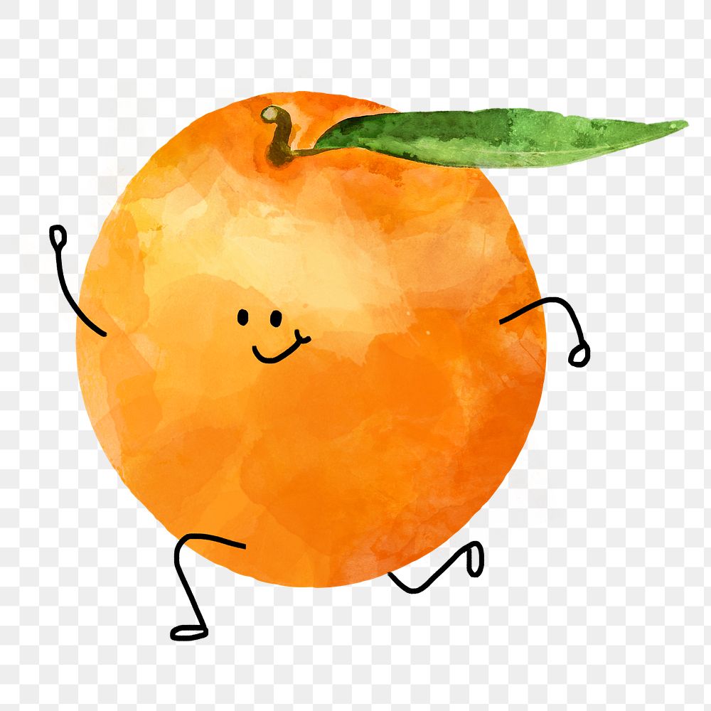 Smiling orange png clipart, cute running fruit drawing on transparent background