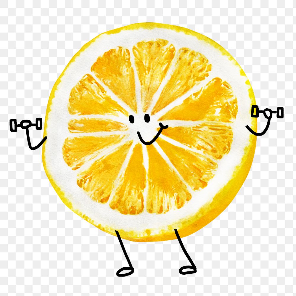 Smiling lemon cartoon png clipart, weightlifting fruit drawing on transparent background