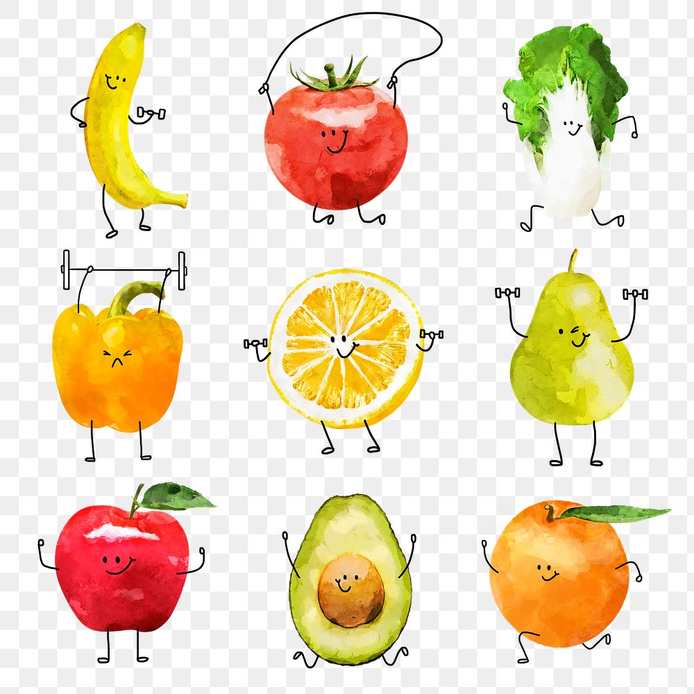 Smiling fruit vegetable png cartoons clipart illustration collection on transparent background 