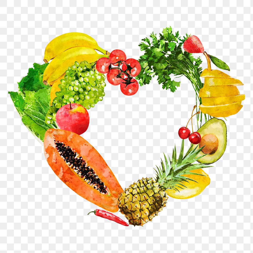 Watercolor heart png frame, superfood with fruits and vegetables