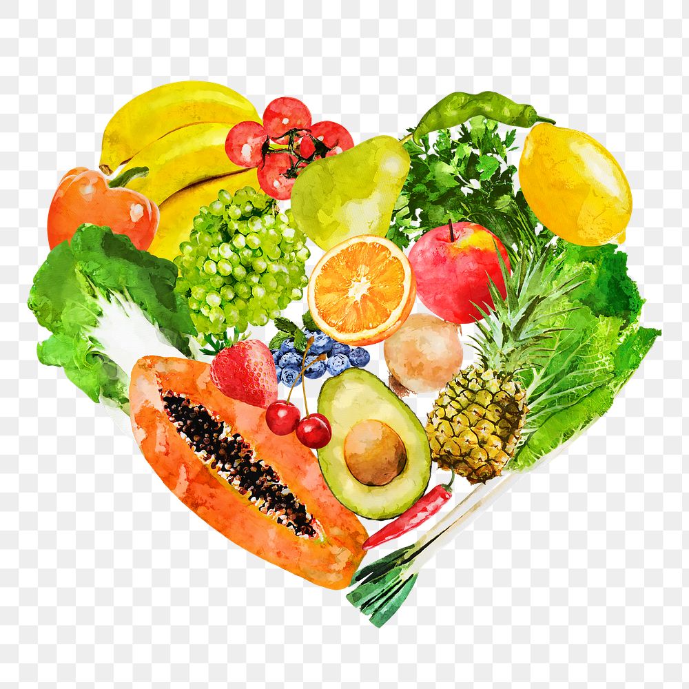 Heart fruit and vegetable png clipart, various plant-based superfood drawings on transparent background