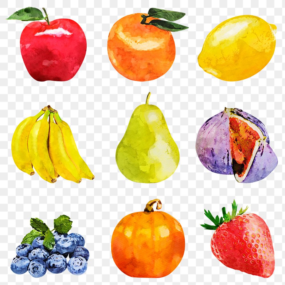 Aesthetic fruits png sticker, watercolor food set on transparent background
