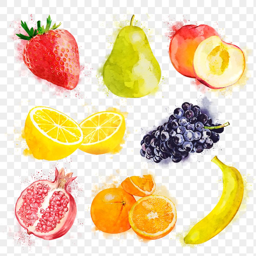 Aesthetic fruits png sticker, watercolor food set on transparent background