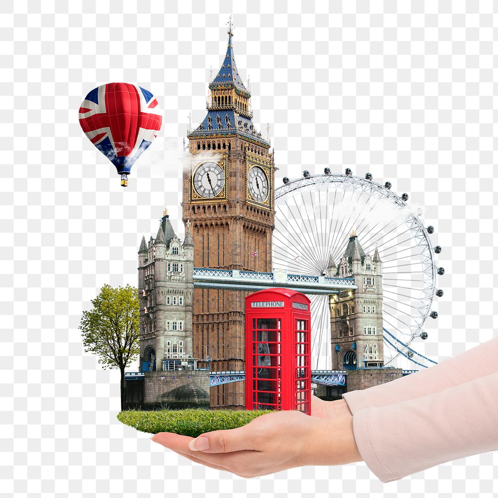 United Kingdom's png famous attractions presented by woman's hand, travel agency remixed media, transparent background
