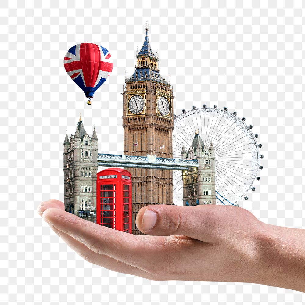 United Kingdom's png famous attractions presented by woman's hand, travel agency remixed media, transparent background