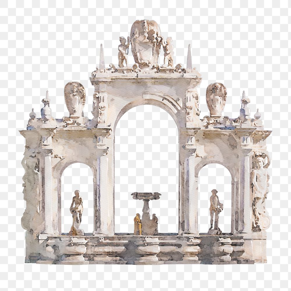 Watercolor Fountain png of Giant, Italian gothic architecture illustration, transparent background