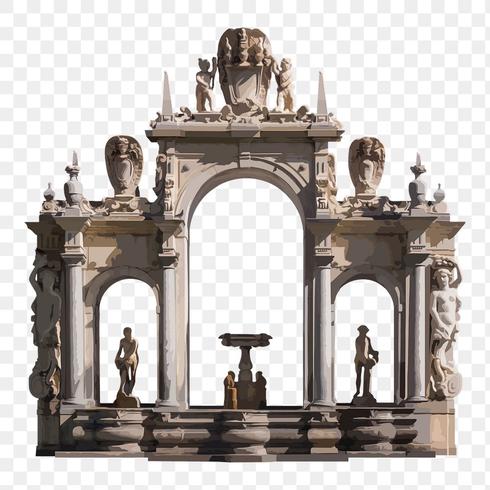 Aesthetic Fountain png of Giant, Italian gothic architecture illustration, transparent background