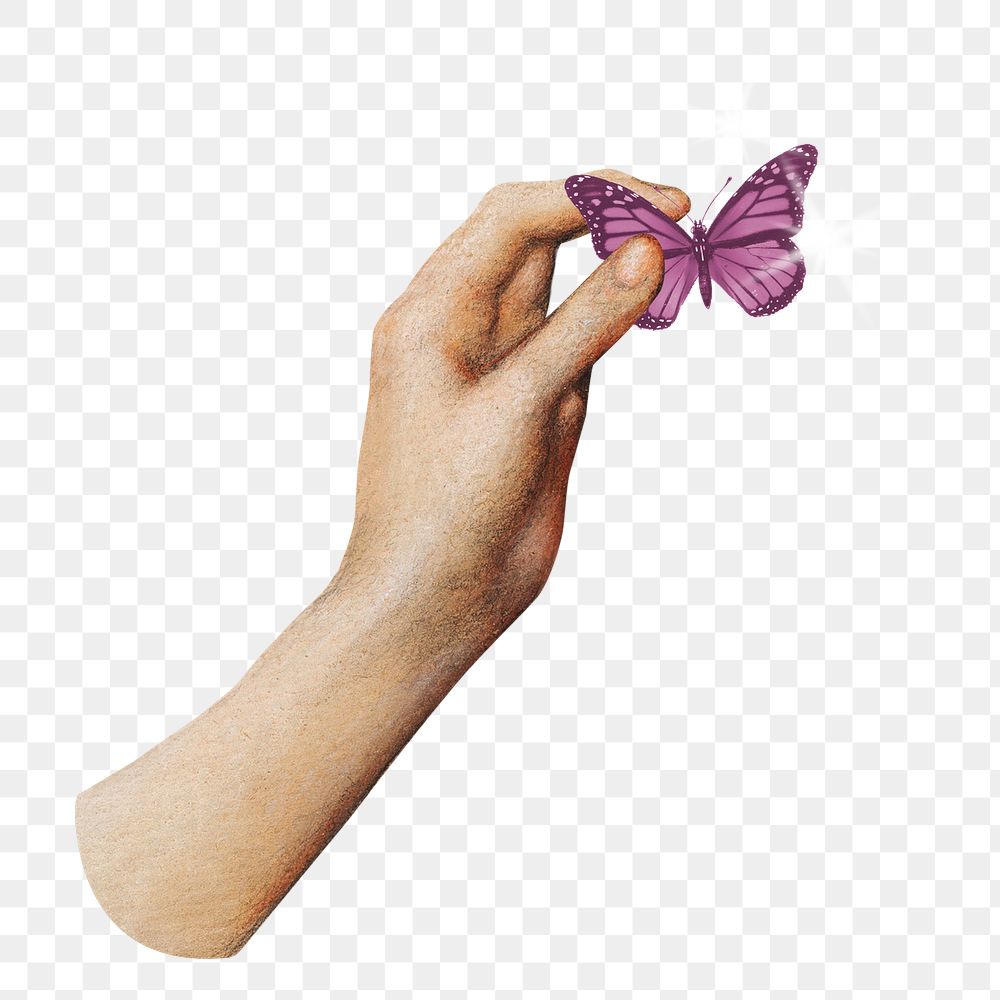 Hand png holding butterfly clipart, aesthetic surreal collage element on transparent background