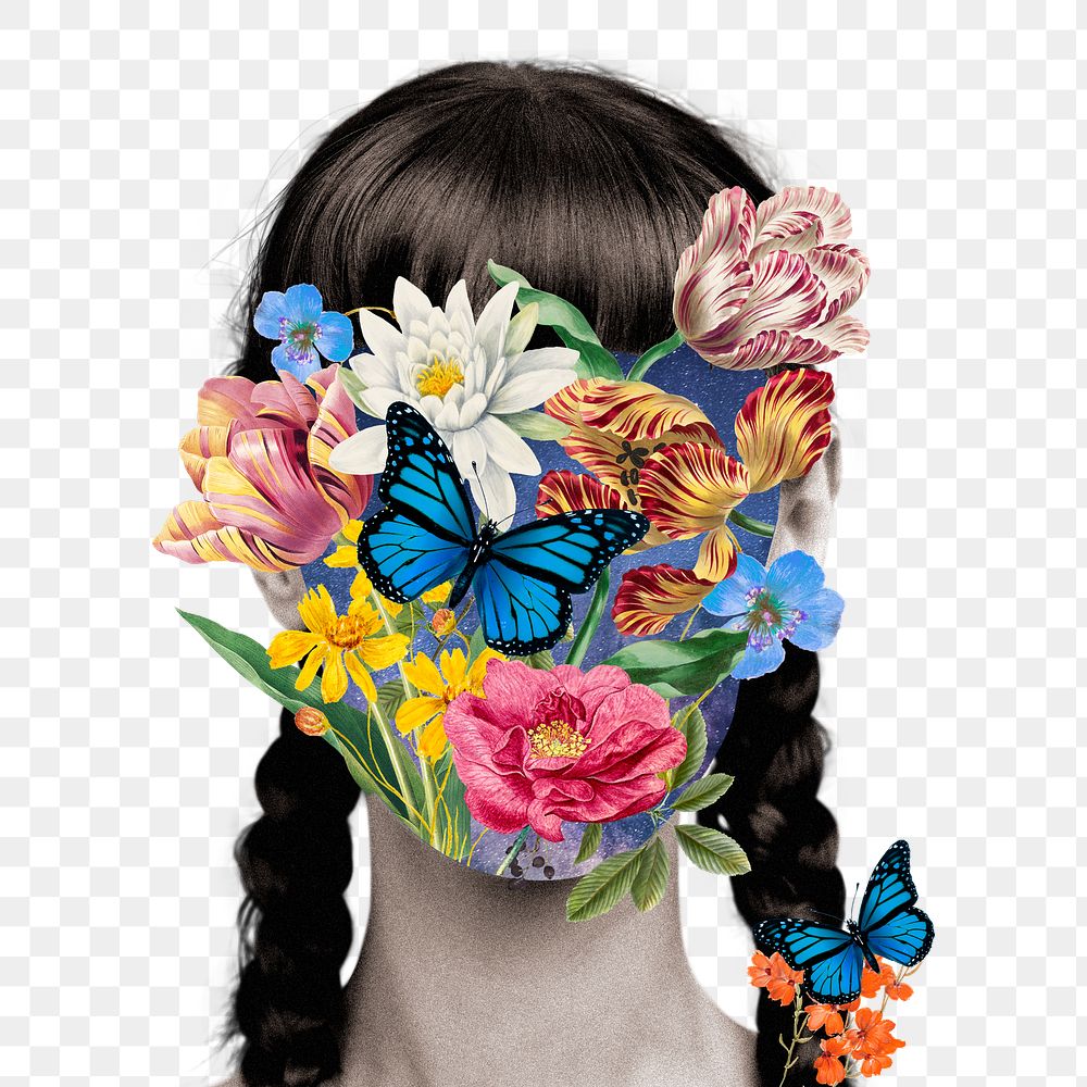 Flower woman portrait png collage art, surreal escapism, transparent background