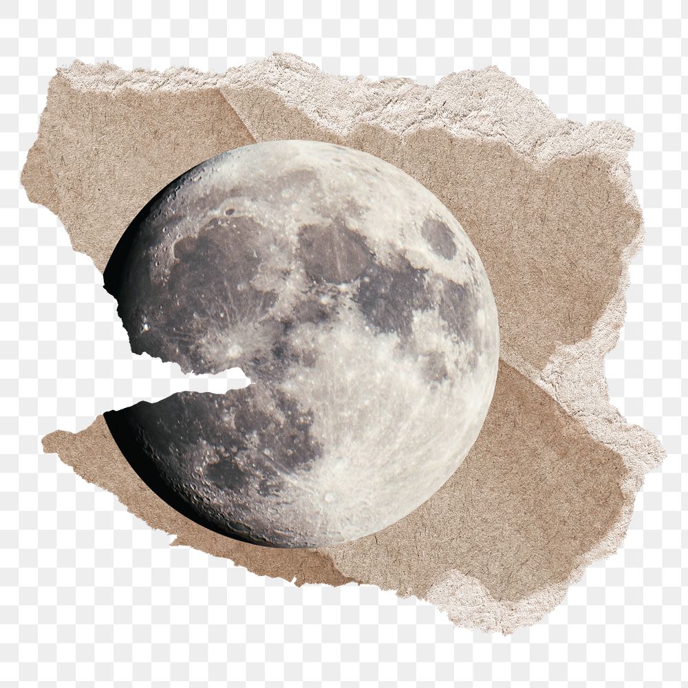 Moon png clipart, ripped paper, surreal remixed media on transparent background