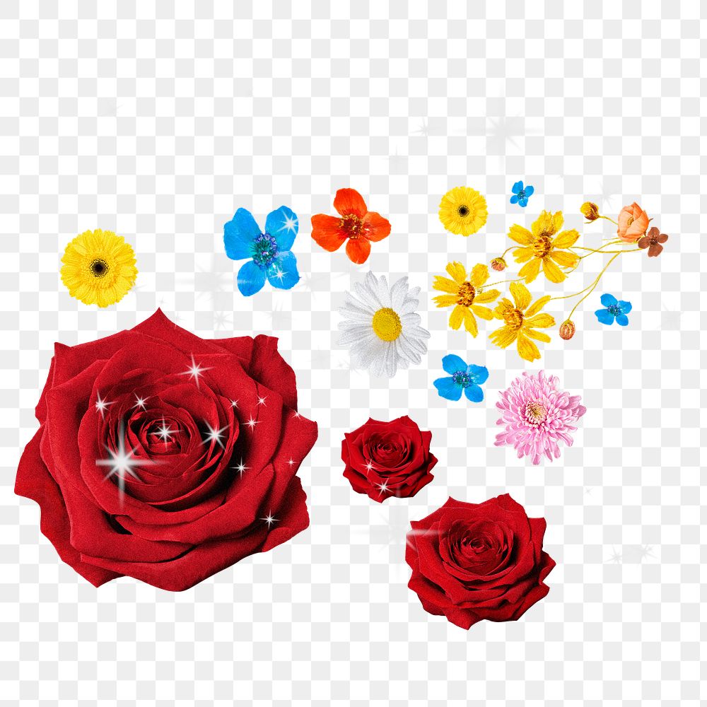 Glittery flowers png collage element, transparent background