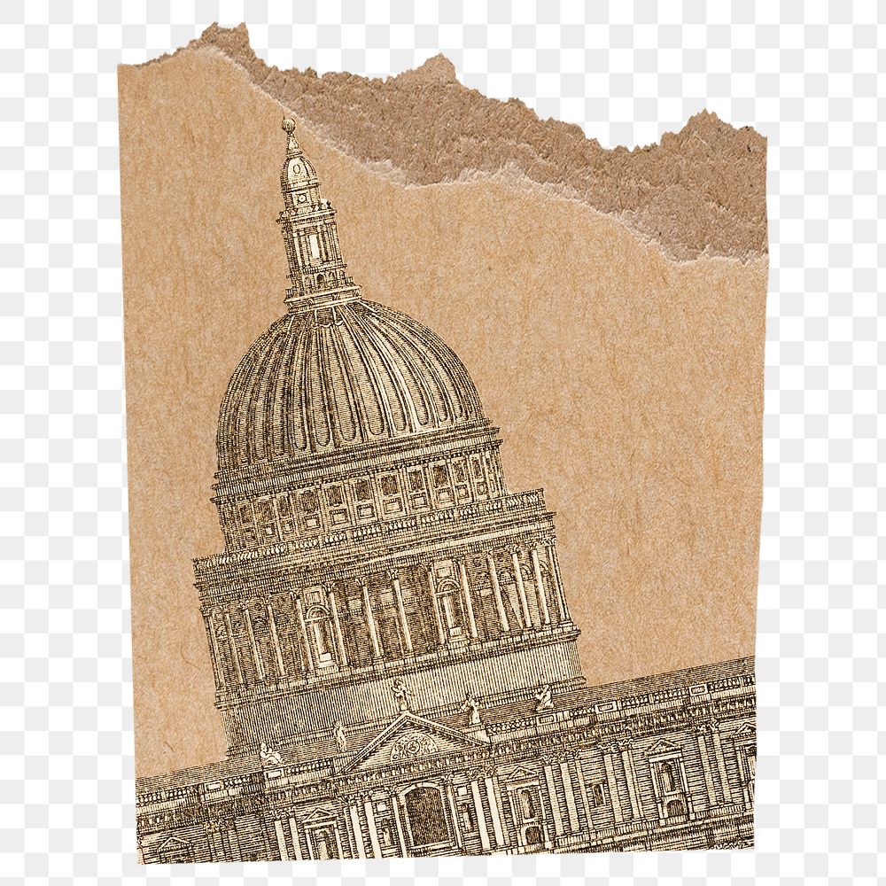 Ripped vintage paper png sticker, architecture illustration on transparent background