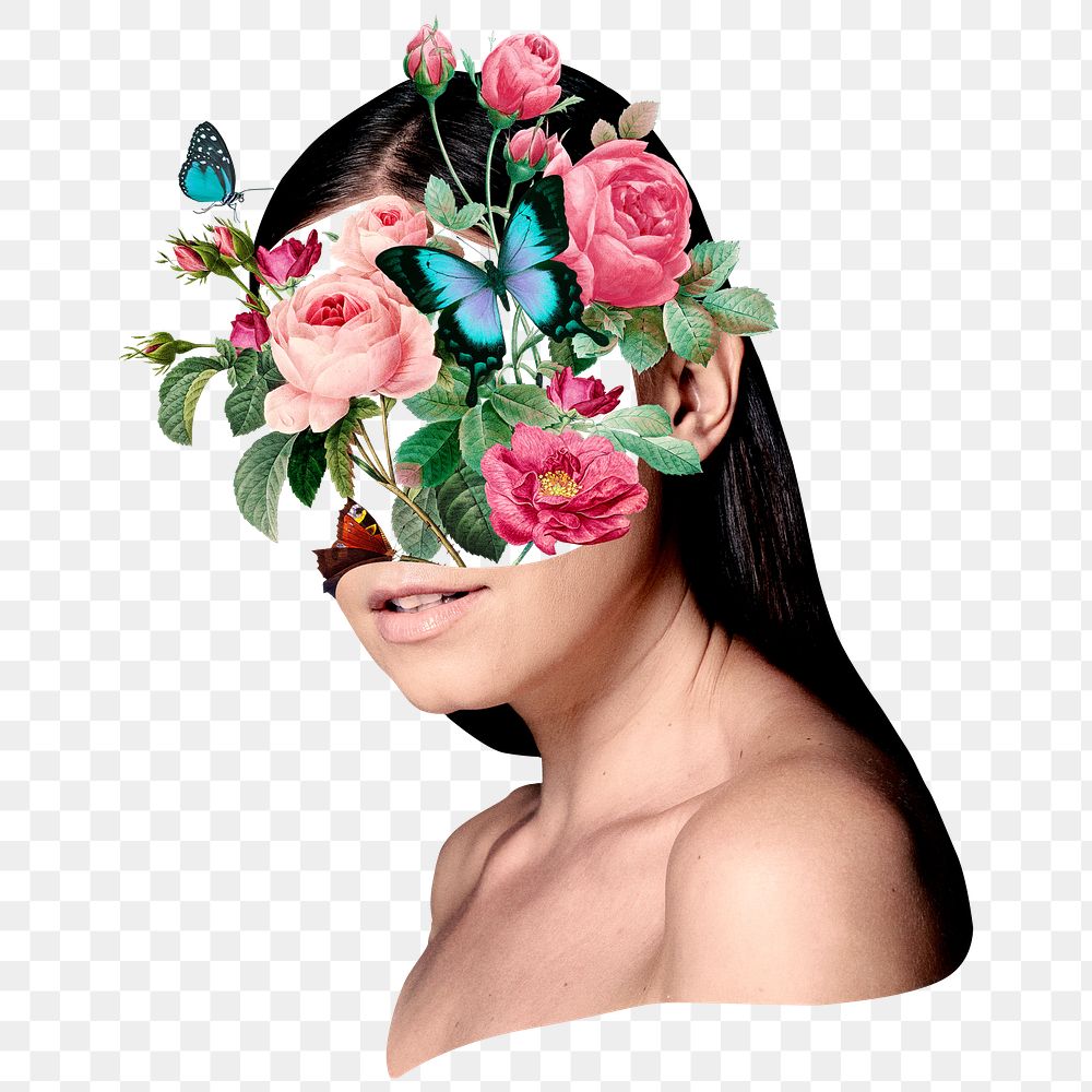 Flower woman portrait png collage art, surreal escapism