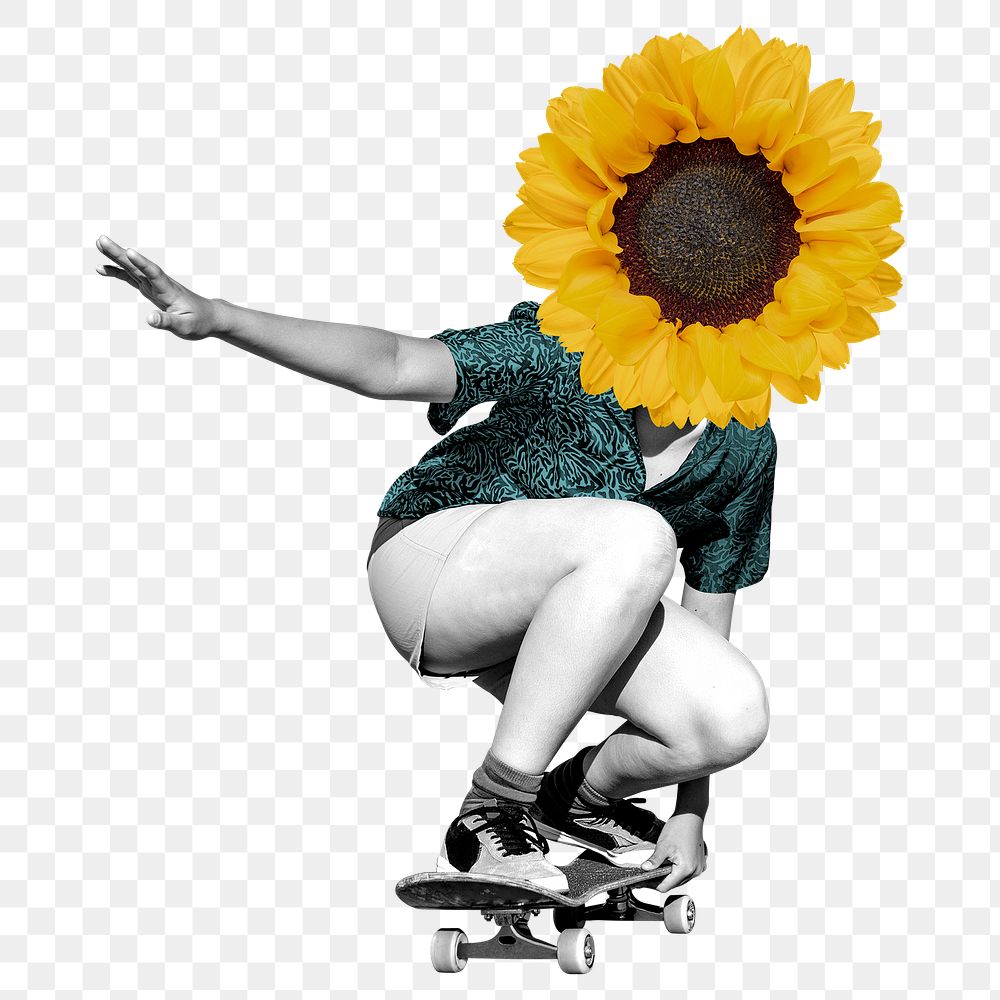 Sunflower woman skating png clipart, surreal remixed media on transparent background