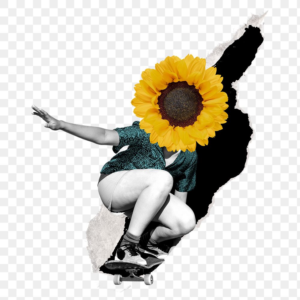 Sunflower woman png skating clipart, surreal remixed media on transparent background