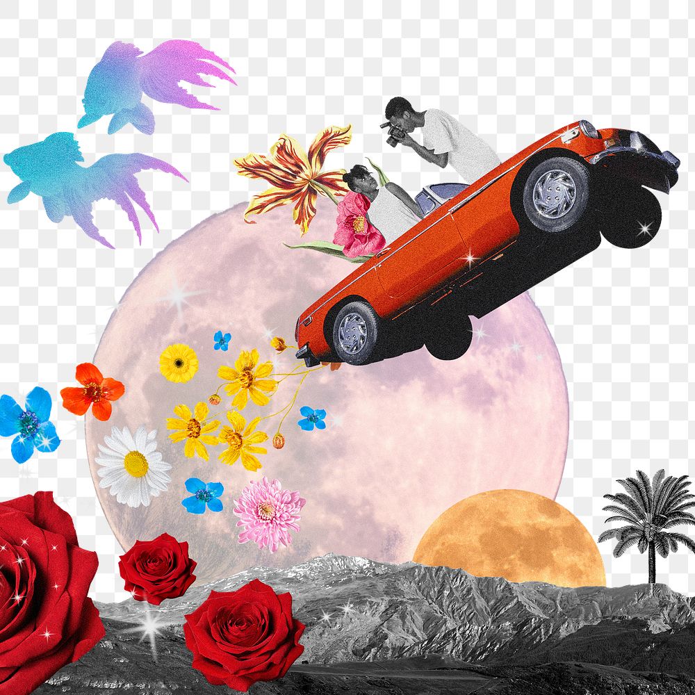 Aesthetic retrofuturism png transparent background, flying vintage car, galaxy remixed media