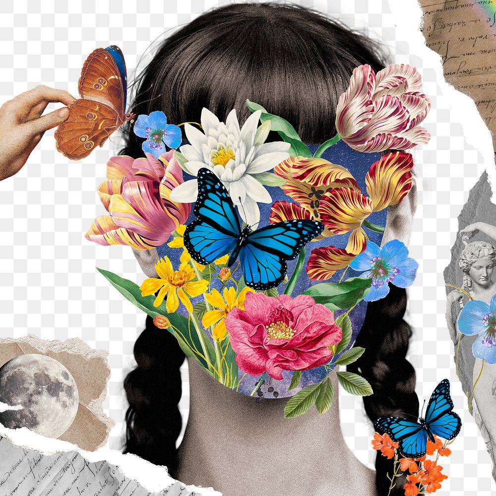 Floral woman portrait png transparent background, surrealism collage art