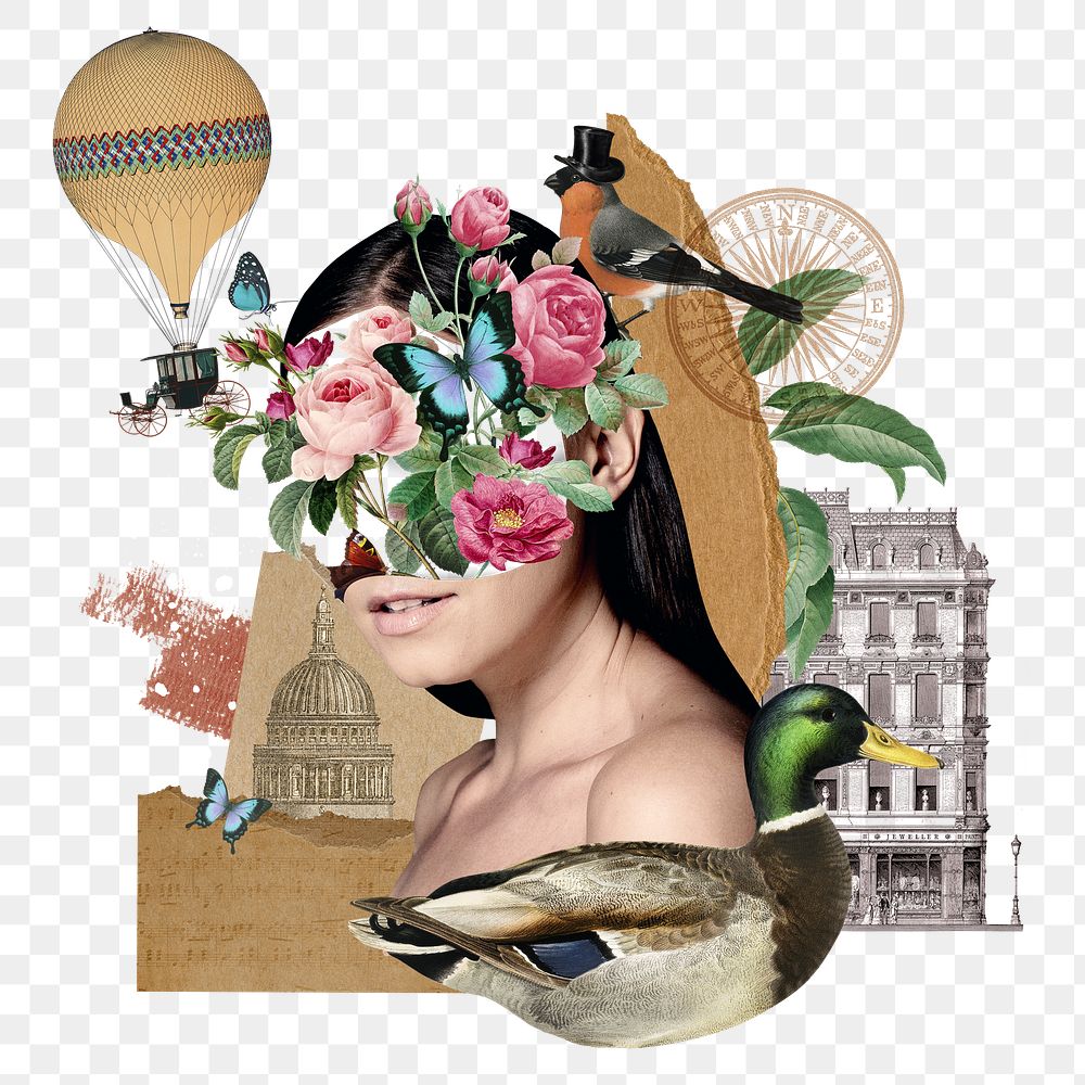 Surreal escapism png woman portrait, flower, travel remixed media, transparent background