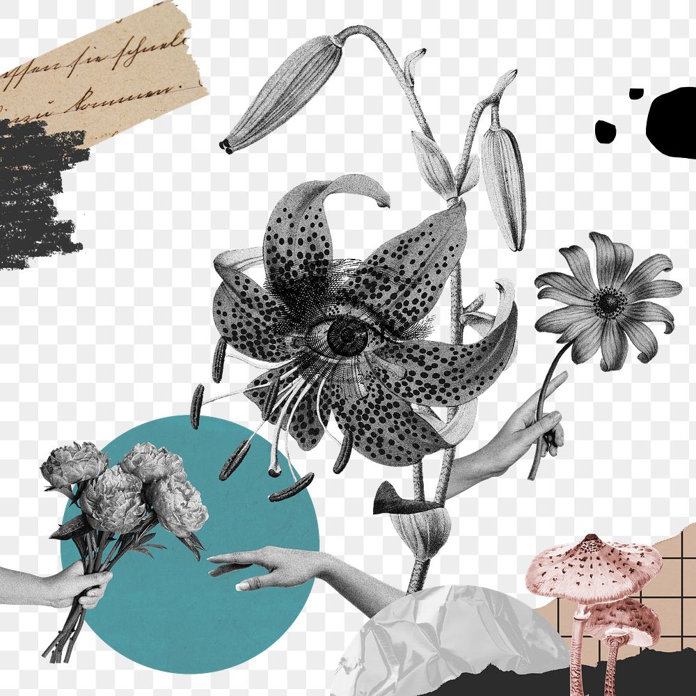 Creepy surrealism png collage, transparent background, vintage flower design