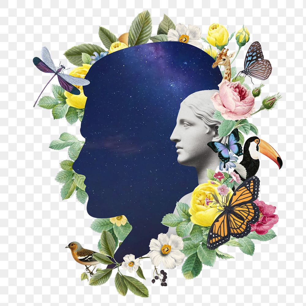 Galaxy portrait png collage element, floral aesthetic, surreal art on transparent background