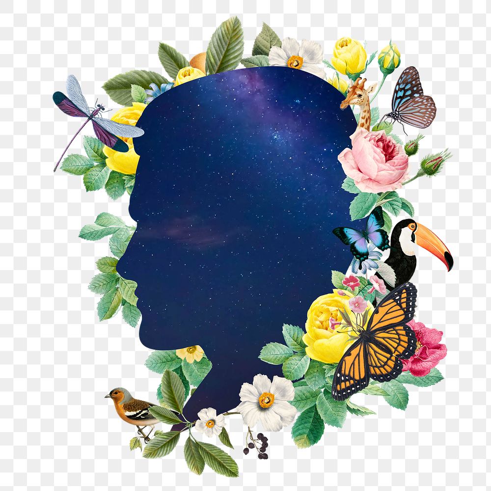 Galaxy portrait png collage element, floral aesthetic, surreal art on transparent background
