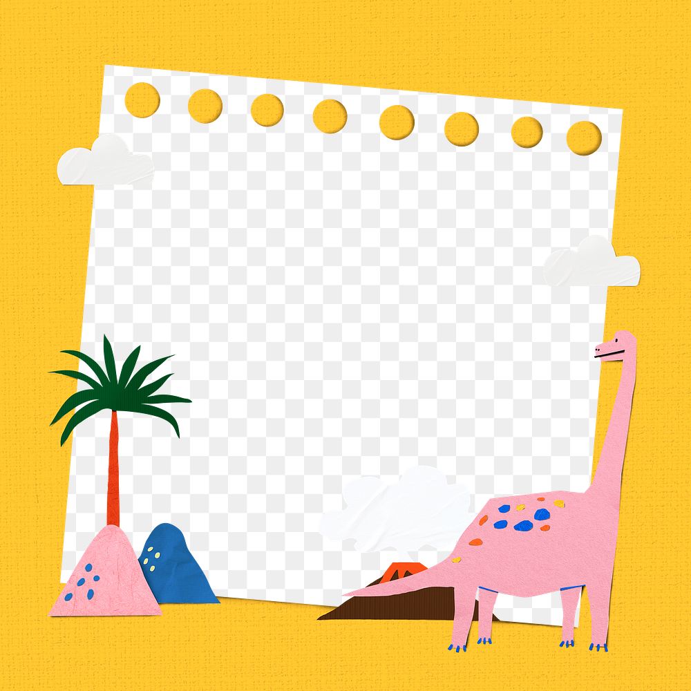 Yellow frame png, dinosaur paper craft border, collage element