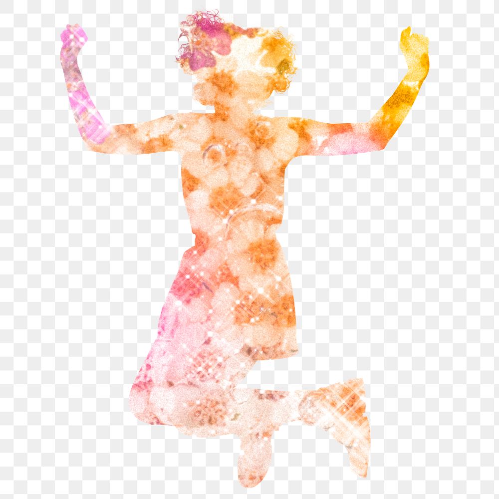 Woman silhouette png, jumping with joy, aesthetic floral clipart