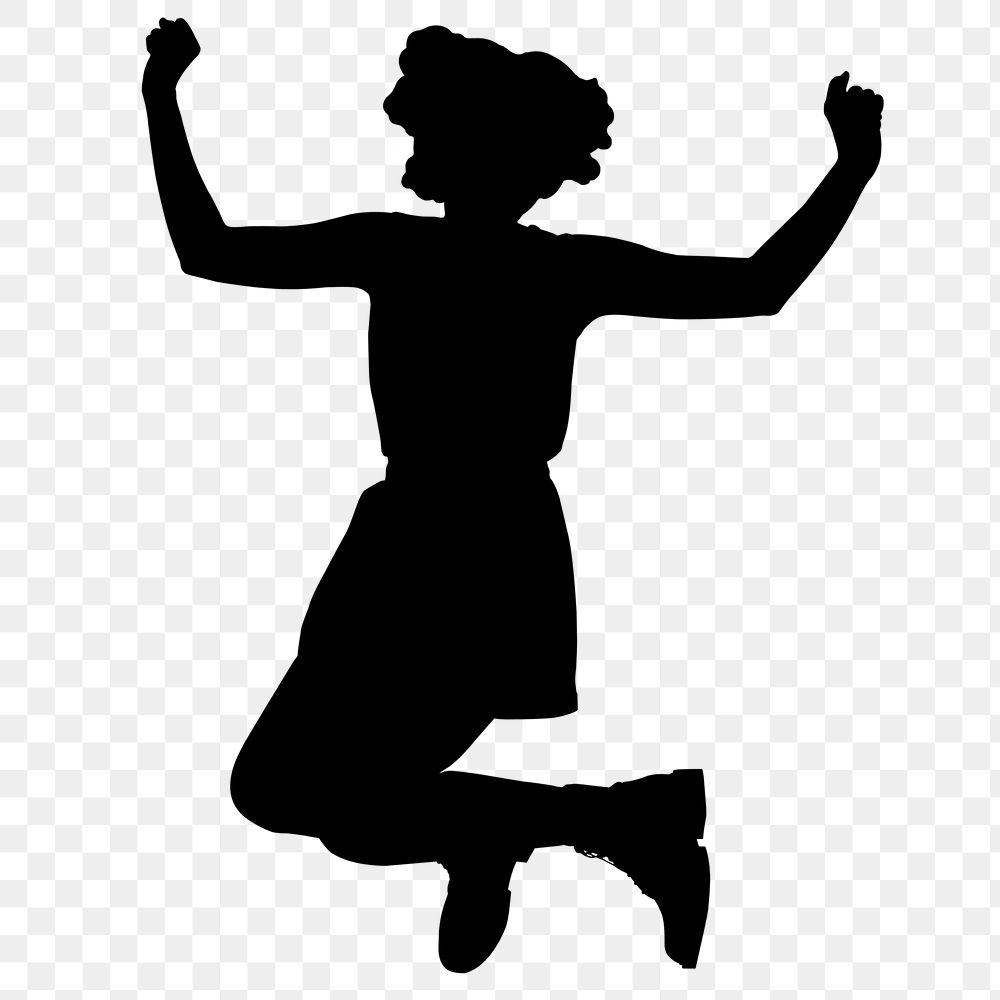 Woman silhouette png, jumping with joy, black clipart