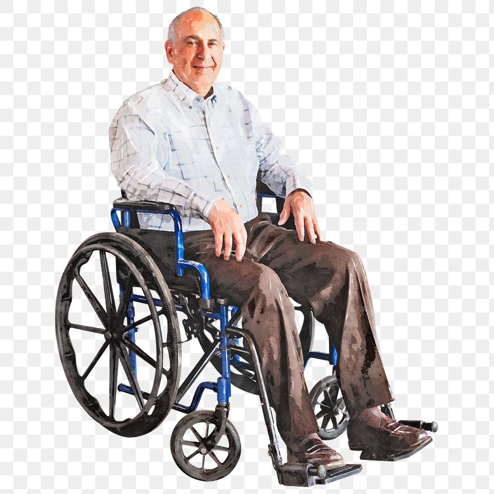 Man png in wheelchair, senior person, watercolor illustration