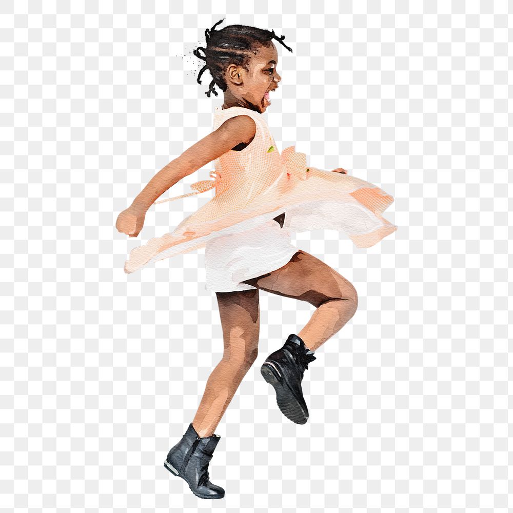 African-American girl png dancing clipart, watercolor illustration on transparent background