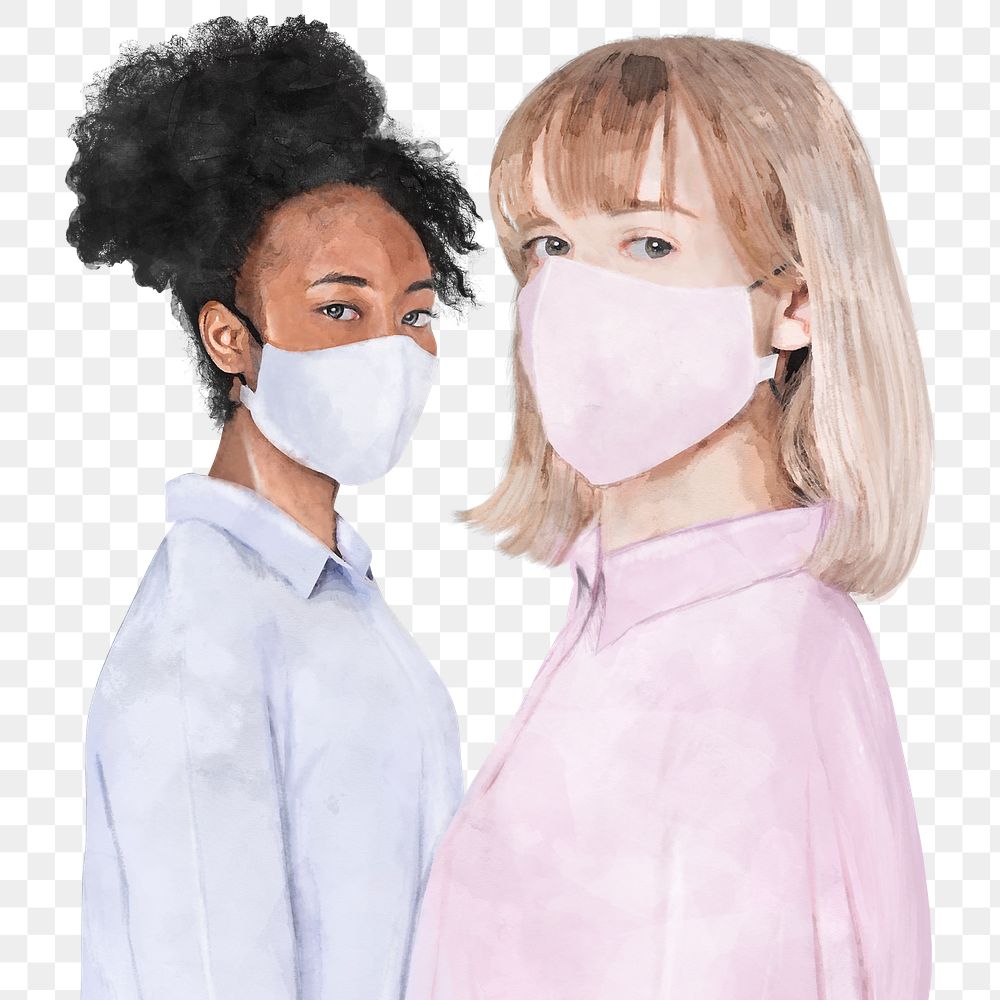 Diverse girls png wearing face mask, watercolor illustration on transparent background