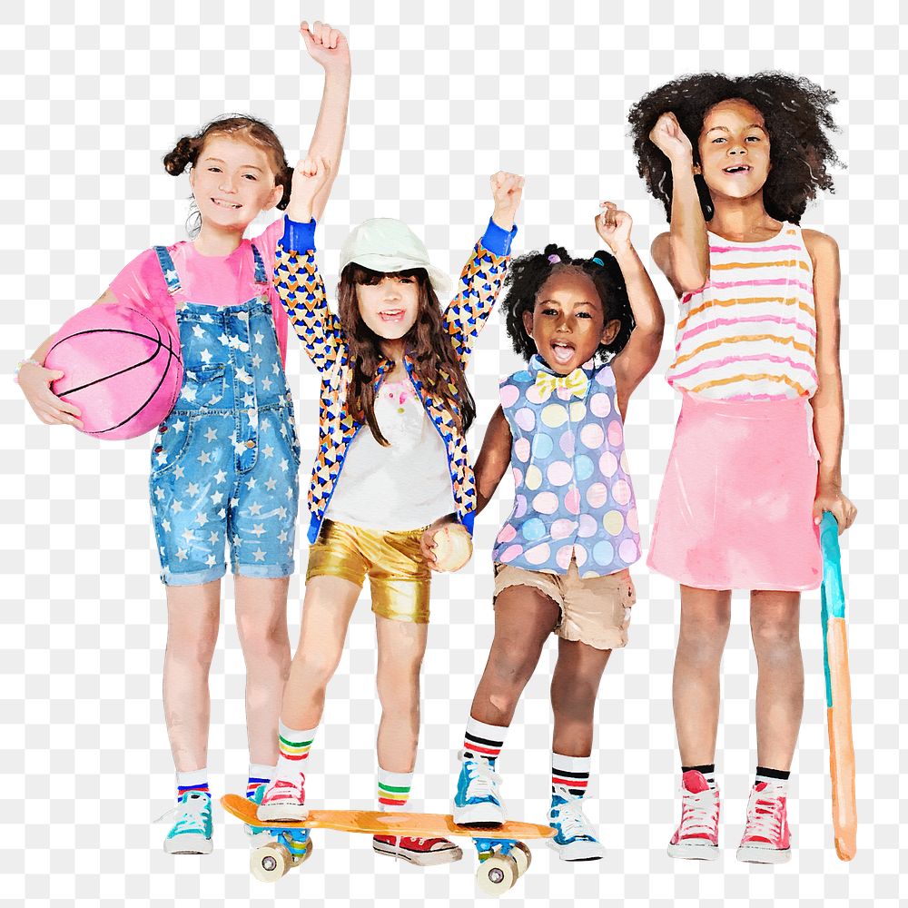 Diverse girls png cheering, kids hobby, watercolor illustration on transparent background