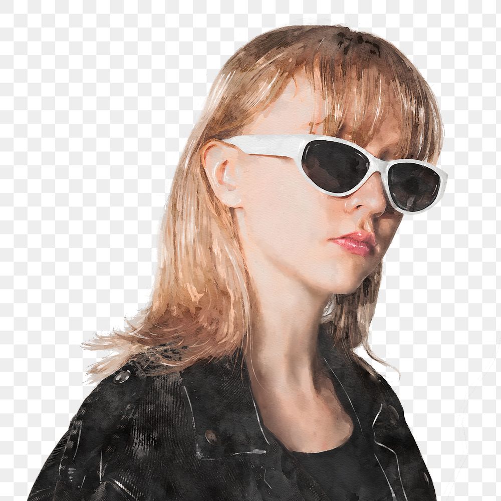 Cool teenage girl png wearing sunglasses, watercolor illustration on transparent background