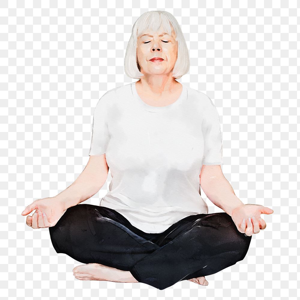 Old woman png meditating, wellness, watercolor illustration, transparent background