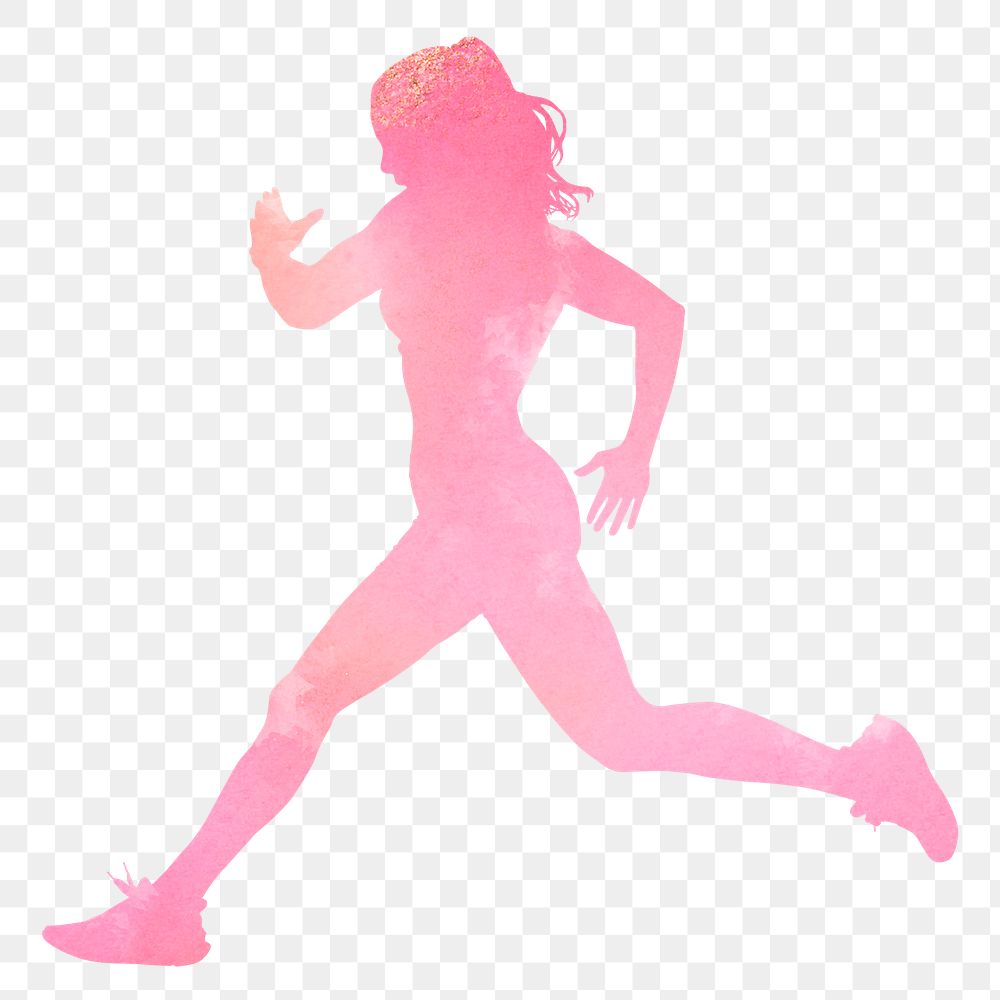 Watercolor woman png running silhouette, fitness illustration, transparent background