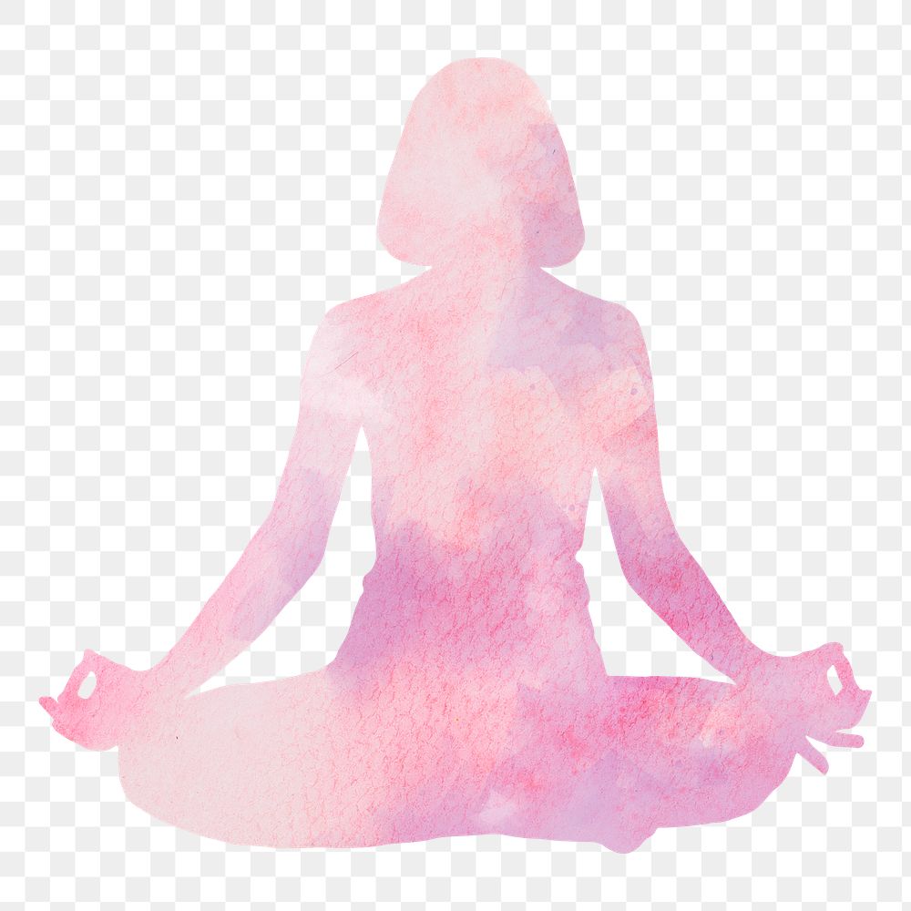 Lotus png yoga pose silhouette, woman illustration in watercolor design, transparent background