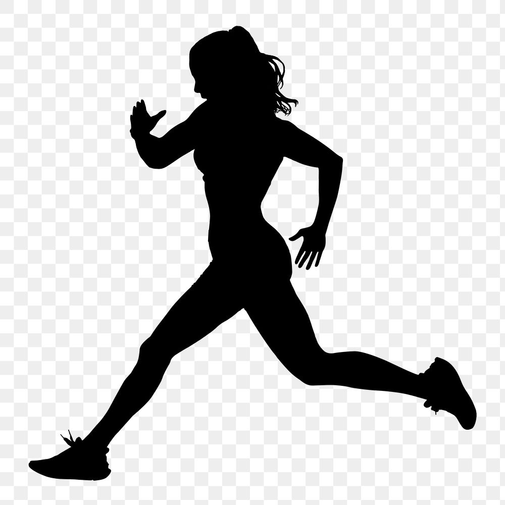 Fit woman png running silhouette clipart, wellness concept, full body on transparent background