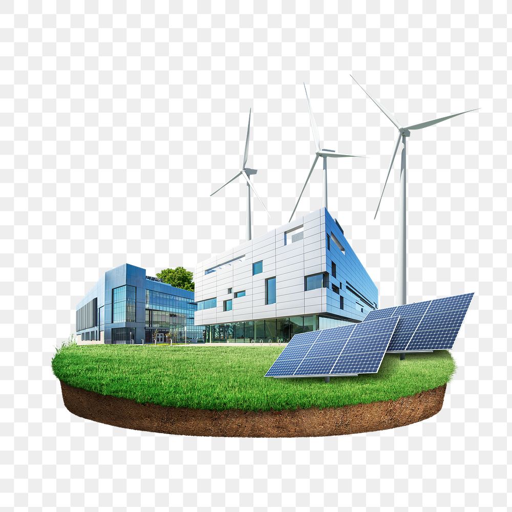 Green business png, office & alternative energy floating island, transparent background