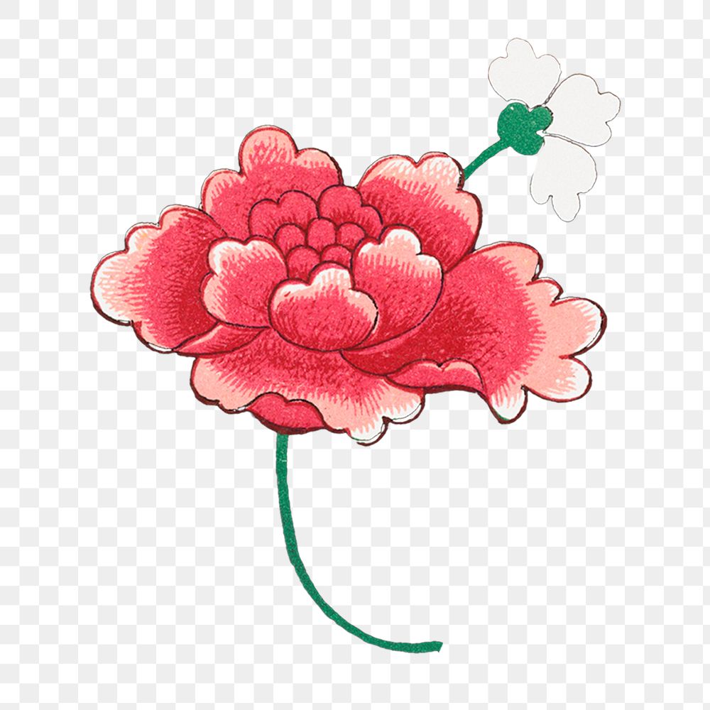 Red flower png sticker, Chinese aesthetic vintage illustration, transparent background