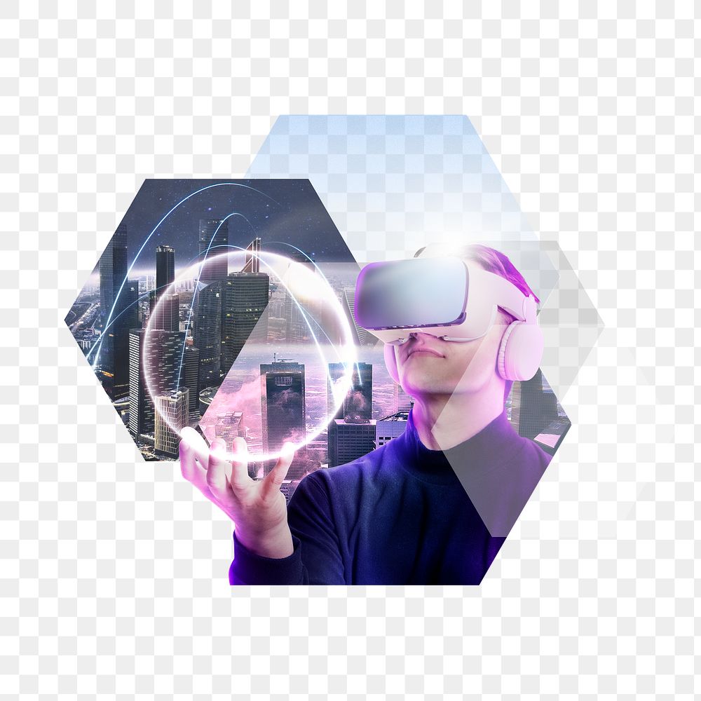 Smart technology png, man wearing VR, internet of things collage element, transparent background