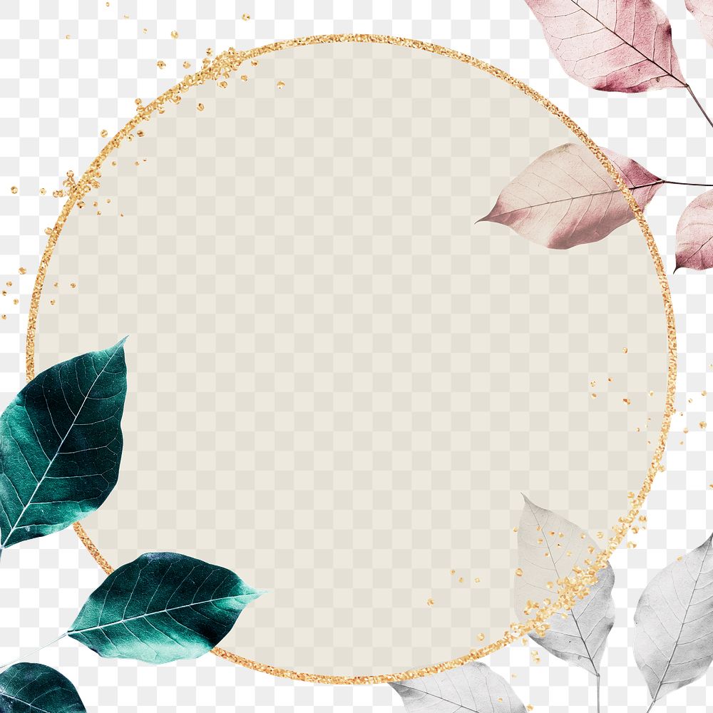 Glittery round round gold frame with foliage pattern design element